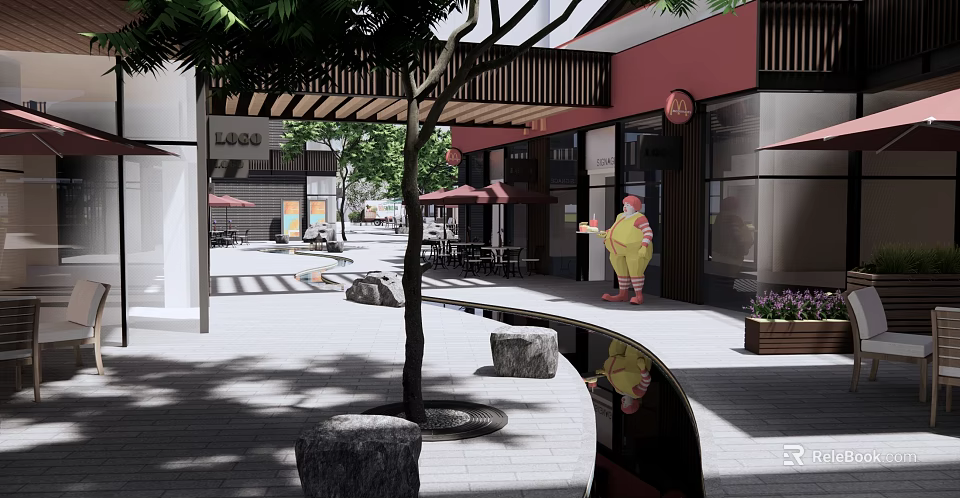 Modern Commercial Landscape With Pergola Shops Outdoor Seating Trees Stone Benches Sculpture And Reflective Water 3d model 