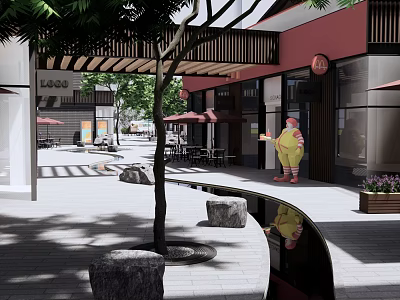 Modern Commercial Landscape With Pergola Shops Outdoor Seating Trees Stone Benches Sculpture And Reflective Water 3d model