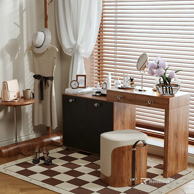 Wooden Vanity Table Interior With Cosmetics Mirror Vase With Flowers And Stool Curtains Blinds 3d model 