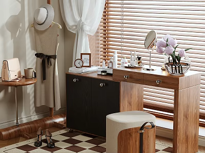 Wooden Vanity Table Interior With Cosmetics Mirror Vase With Flowers And Stool Curtains Blinds 3d model