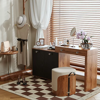 Wooden Vanity Table Interior With Cosmetics Mirror Vase With Flowers And Stool Curtains Blinds 3d model