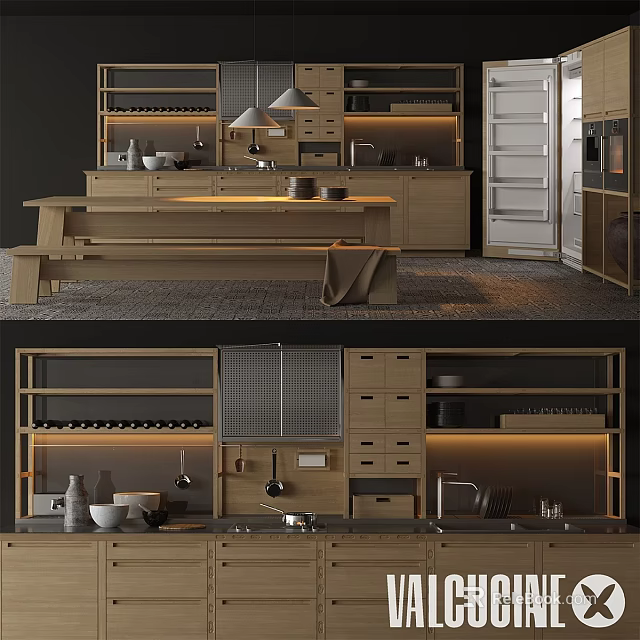 Modern Wooden Kitchen Cabinets With Island Open Shelves Drawers And Utensils 3d model 