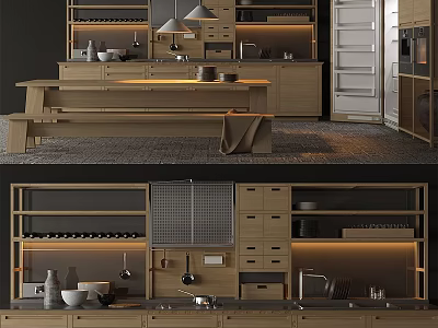 Modern Wooden Kitchen Cabinets With Island Open Shelves Drawers And Utensils 3d model