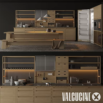 Modern Wooden Kitchen Cabinets With Island Open Shelves Drawers And Utensils 3d model