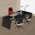 Black Office Desk With Laptop Desk Lamp Papers And Red Leather Gray Rolling Office Chairs