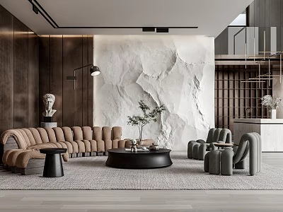 Modern Duplex Living Room Interior Design With Comfortable Sofa And Artistic Wall 3d model