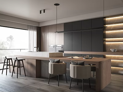 Modern Restaurant Interior With Open Concept Wooden Island Black Cabinets And Natural Light 3d model