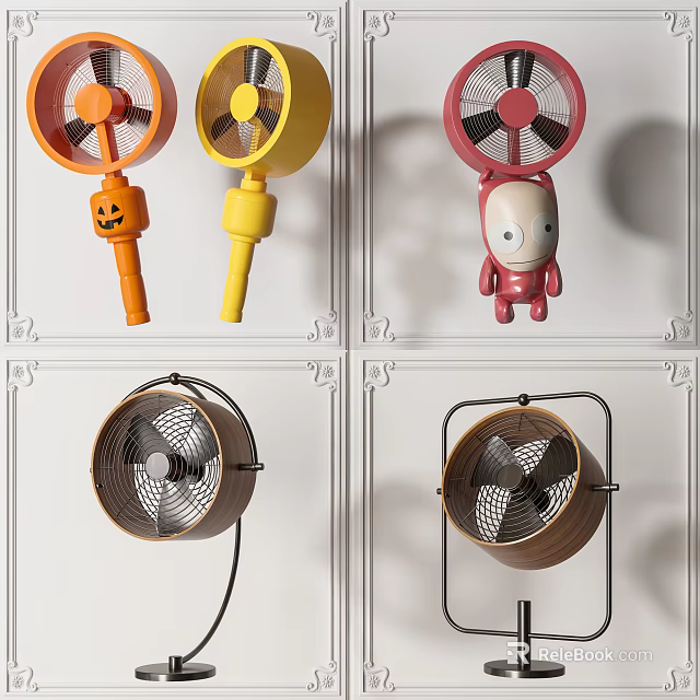 Colorful Air Cooling Fans With Handheld Cartoon Designs And Tabletop Metal Wood Frames 3d model 