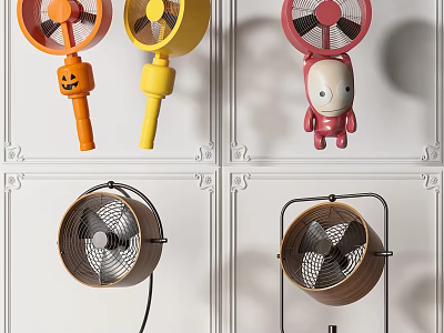 Colorful Air Cooling Fans With Handheld Cartoon Designs And Tabletop Metal Wood Frames 3d model