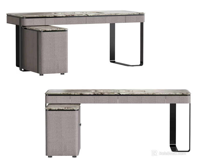 Modern Wooden Desk With Metal Frame And Functional Side Cabinet Design 3d model 