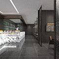 Modern Restaurant Interior With Marble Buffet Counter Dark Wood Decor And Seating Area