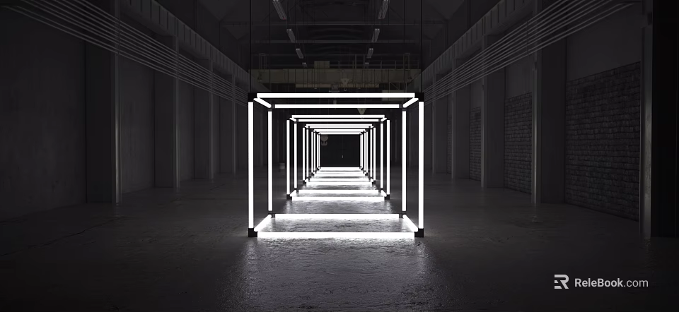 Modern Office Corridor Featuring Illuminated White Frames Sleek Dark Floors And Ceiling Lights 3d model 