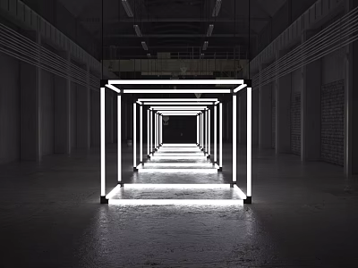 Modern Office Corridor Featuring Illuminated White Frames Sleek Dark Floors And Ceiling Lights 3d model