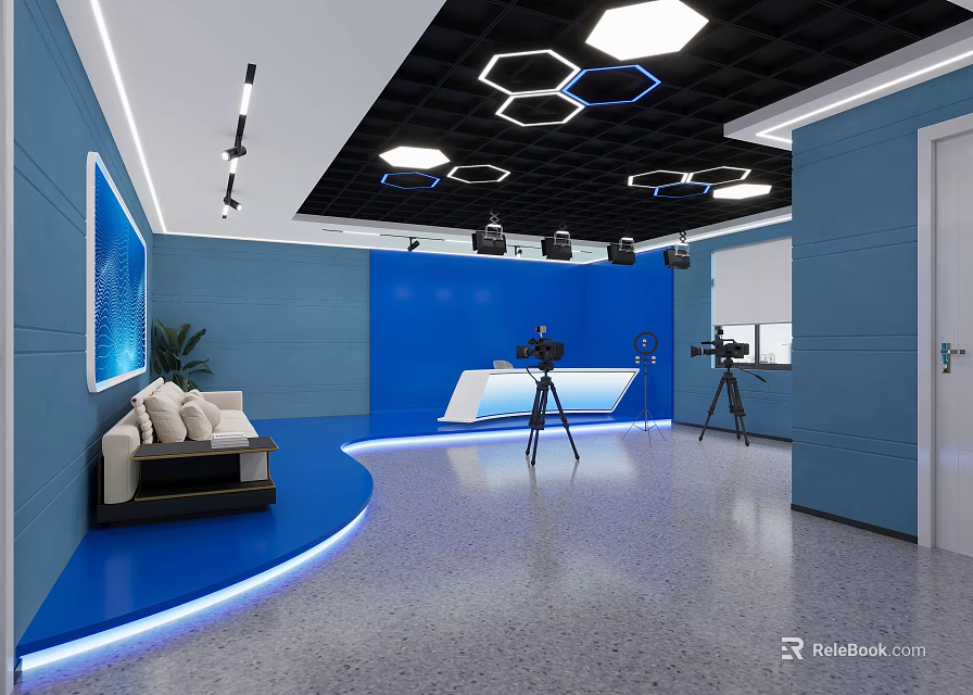 Modern Studio Setup With Blue Walls Hexagonal Ceiling Lights Sofa And Tripod Cameras 3d model 