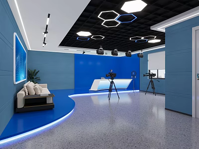 Modern Studio Setup With Blue Walls Hexagonal Ceiling Lights Sofa And Tripod Cameras 3d model