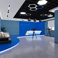 Modern Studio Setup With Blue Walls Hexagonal Ceiling Lights Sofa And Tripod Cameras 3d model