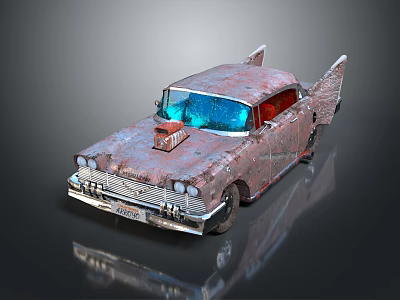 Rusted Vintage Car With Rocket Tail Fins And Colorful Windows Design 3d model