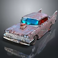 Rusted Vintage Car With Rocket Tail Fins And Colorful Windows Design