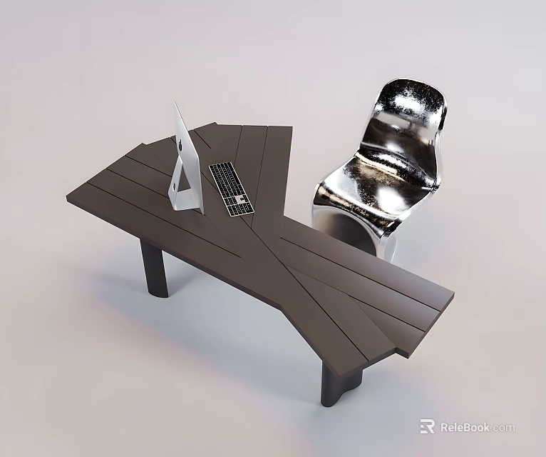 Modern Dark Geometric Table and Silver Shiny Chair Set with Laptop and Keyboard on Top 3d model 