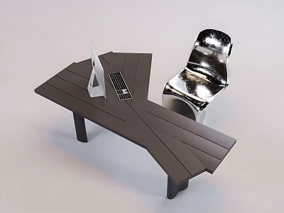 Modern Dark Geometric Table and Silver Shiny Chair Set with Laptop and Keyboard on Top 3d model