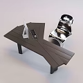 Modern Dark Geometric Table and Silver Shiny Chair Set with Laptop and Keyboard on Top