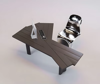 Modern Dark Geometric Table and Silver Shiny Chair Set with Laptop and Keyboard on Top 3d model
