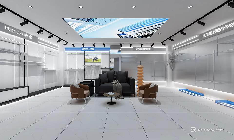 Modern Clothing Store Interior With White Tiled Floor Display Racks And Seating Area 3d model 