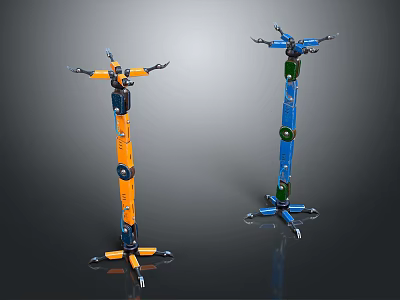 Orange And Blue Mechanical Robotic Figures With Articulated Arms And Segmented Bodies 3d model