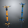 Orange And Blue Mechanical Robotic Figures With Articulated Arms And Segmented Bodies