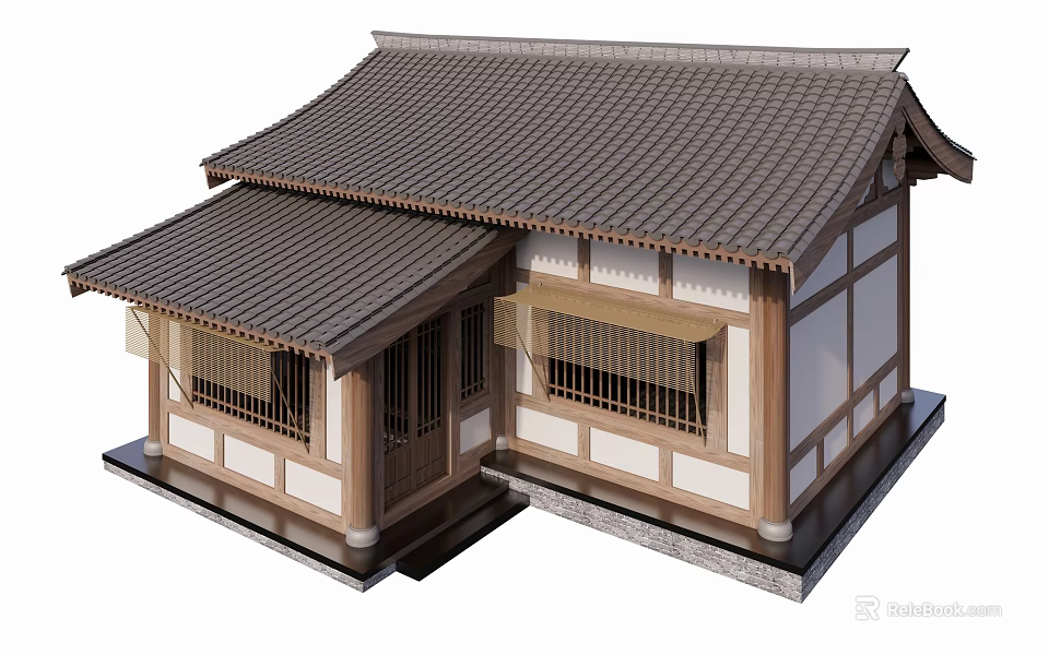 Traditional Rural Self Built House With Tile Roof Wooden Structure And Windows 3d model 