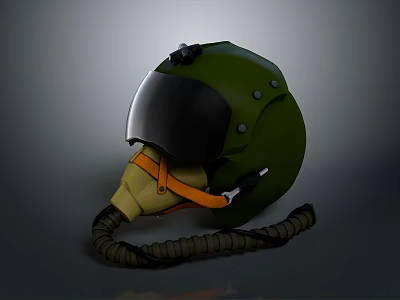 Green Flight Helmet With Black Visor Orange Straps And Adjustable Cord 3d model