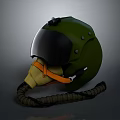 Green Flight Helmet With Black Visor Orange Straps And Adjustable Cord 3d model
