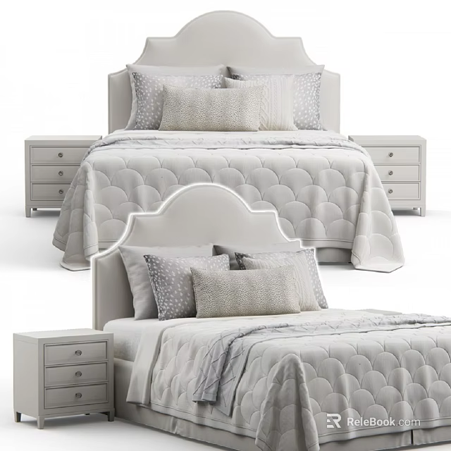 Modern Double Bed with Light Headboard Gray Scalloped Quilt and Bedside Tables 3d model 