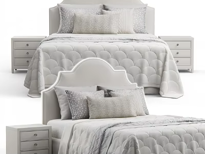Modern Double Bed with Light Headboard Gray Scalloped Quilt and Bedside Tables 3d model