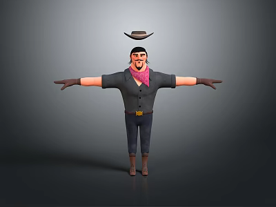 3D Cowboy Character Model With Floating Hat Pink Bandana And Outstretched Arms 3d model
