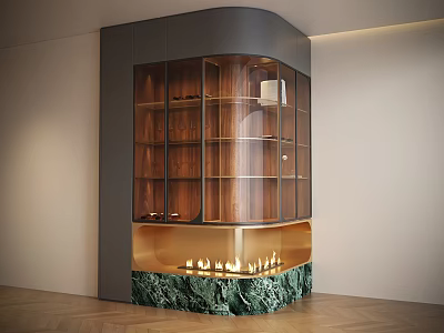 Modern Wine Cabinet with Glass Doors Wooden Shelves Marble Base and Interior Lighting 3d model