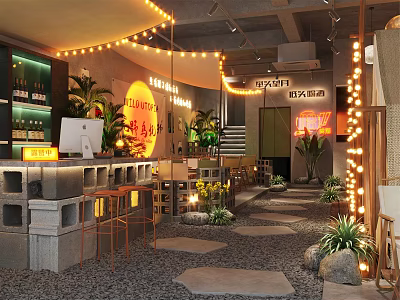 Modern Restaurant Interior With Neon Signs String Lights Green Plants And Stone Brick Floor 3d model