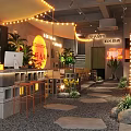 Modern Restaurant Interior With Neon Signs String Lights Green Plants And Stone Brick Floor