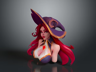 Witch Character with Red Long Hair Purple Hat and Ornate Costume Design 3d model