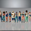 Diverse 3D Character Models With Various Outfits Hairstyles And Body Types Standing In A Row