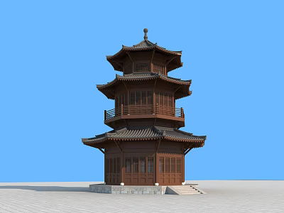 Traditional Chinese Wooden Pagoda With Multiple Tiers Overhanging Eaves Against Blue Sky 3d model