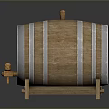 Traditional Wooden Barrel With Silver Metal Hoops On Wooden Stand And Brass Tap