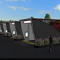 Modern Container Style Parking Lot With Pink Signage Flower Beds And People