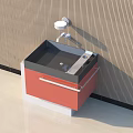 Modern Bathroom Vanity With Red Cabinet Black Countertop And Chrome Faucet Design