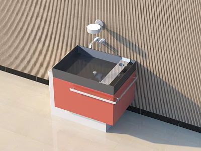 Modern Bathroom Vanity With Red Cabinet Black Countertop And Chrome Faucet Design 3d model