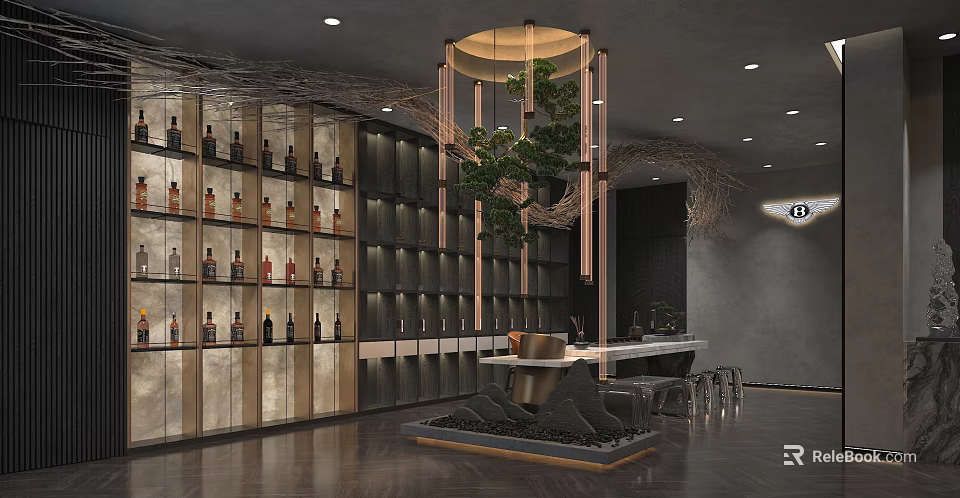 Modern Restaurant Interior With Wine Racks Bar Counter Green Plant And Chandelier 3d model 