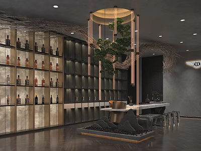 Modern Restaurant Interior With Wine Racks Bar Counter Green Plant And Chandelier 3d model