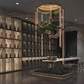 Modern Restaurant Interior With Wine Racks Bar Counter Green Plant And Chandelier