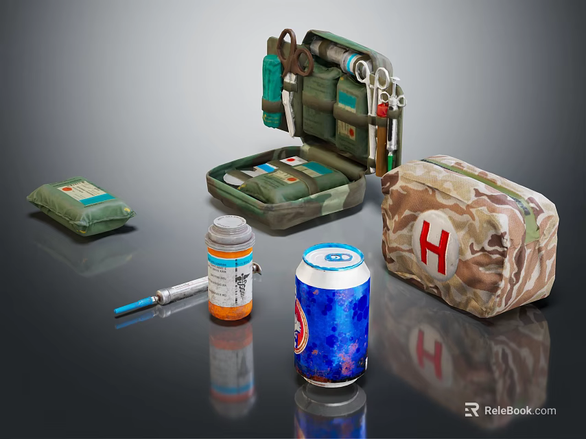 Essential Medical Equipment Including First Aid Kit Medical Bag Medicine Bottle And Syringe 3d model 