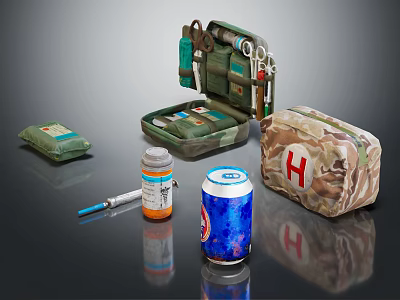 Essential Medical Equipment Including First Aid Kit Medical Bag Medicine Bottle And Syringe 3d model